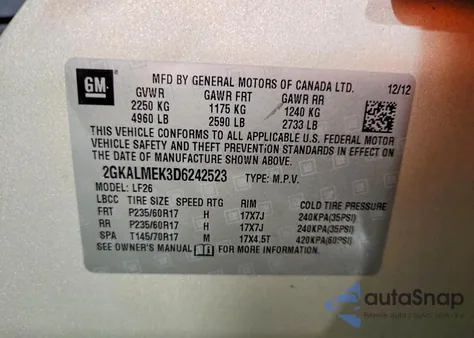 2013 GMC Terrain Sle из США, поврежденный, VIN 2GKALMEK3D6242523